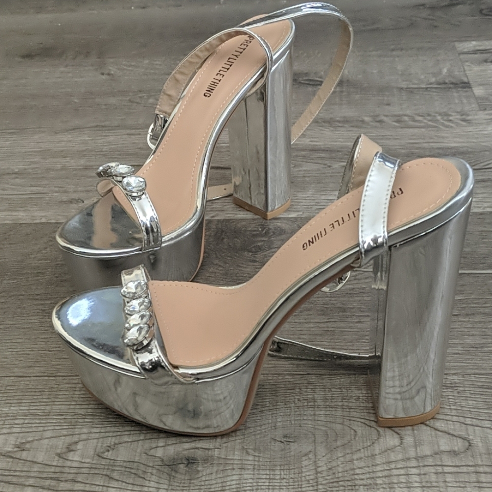 Pretty Little Thing Silver Studded Platform Heels